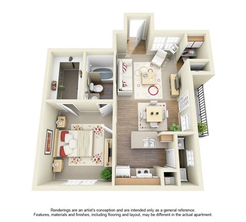 Floor plan for 1 bed, 1 bath, 735 sqft